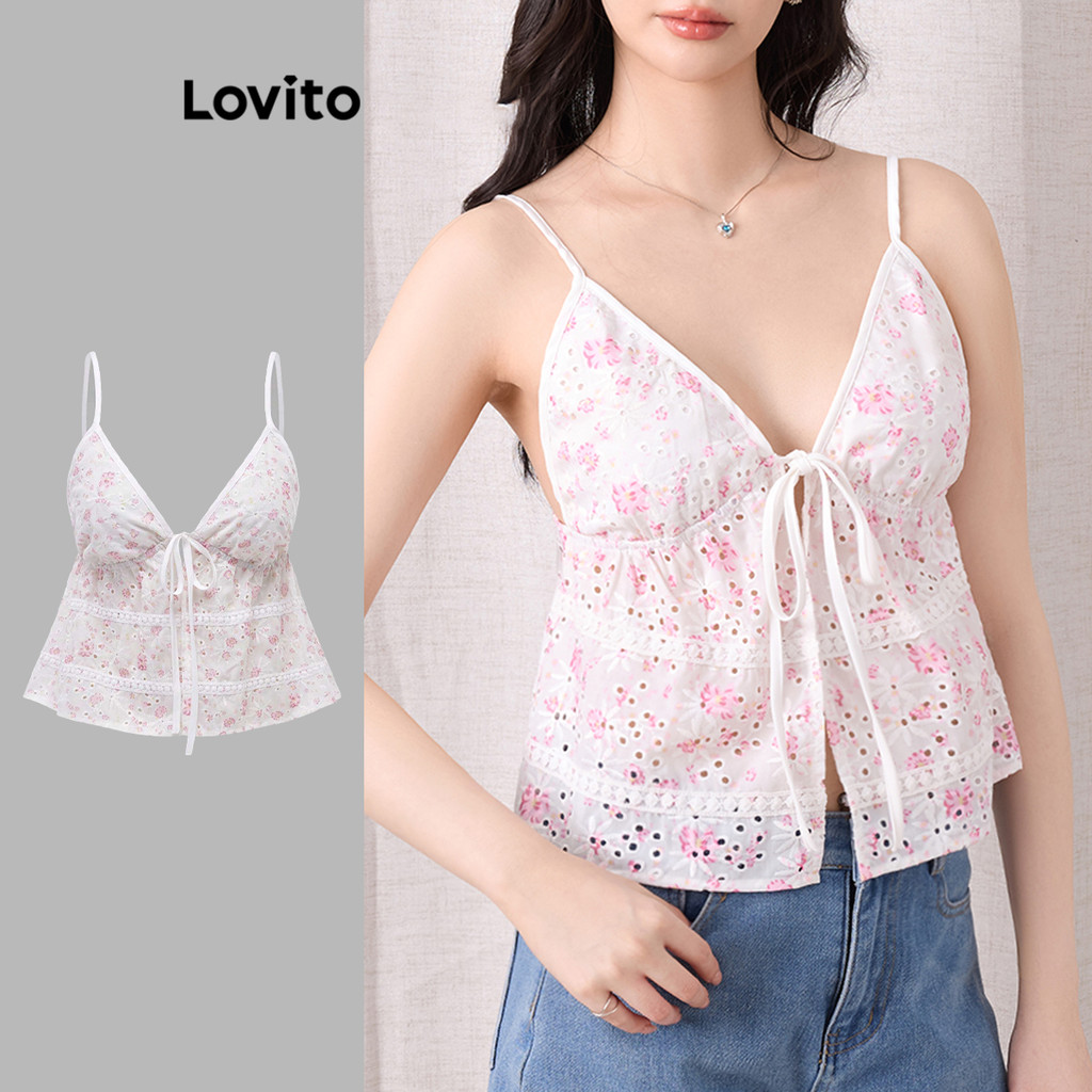 Lovito เสื้อกล้ามปักลายดอกไม้ โบฮีเมียนลายเดซี่ลูกไม้ขึ้นตาไก่สำหรับผู้หญิง L105MD277