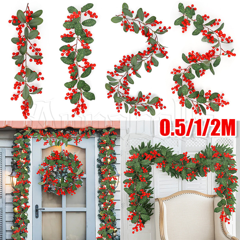 0.5/1/2m จําลองคริสต์มาส Berry Vine-ปลอม Holly ใบ Vine-ต้นคริสต์มาสแขวนเครื่องประดับ-คริสต์มาสประดิษ