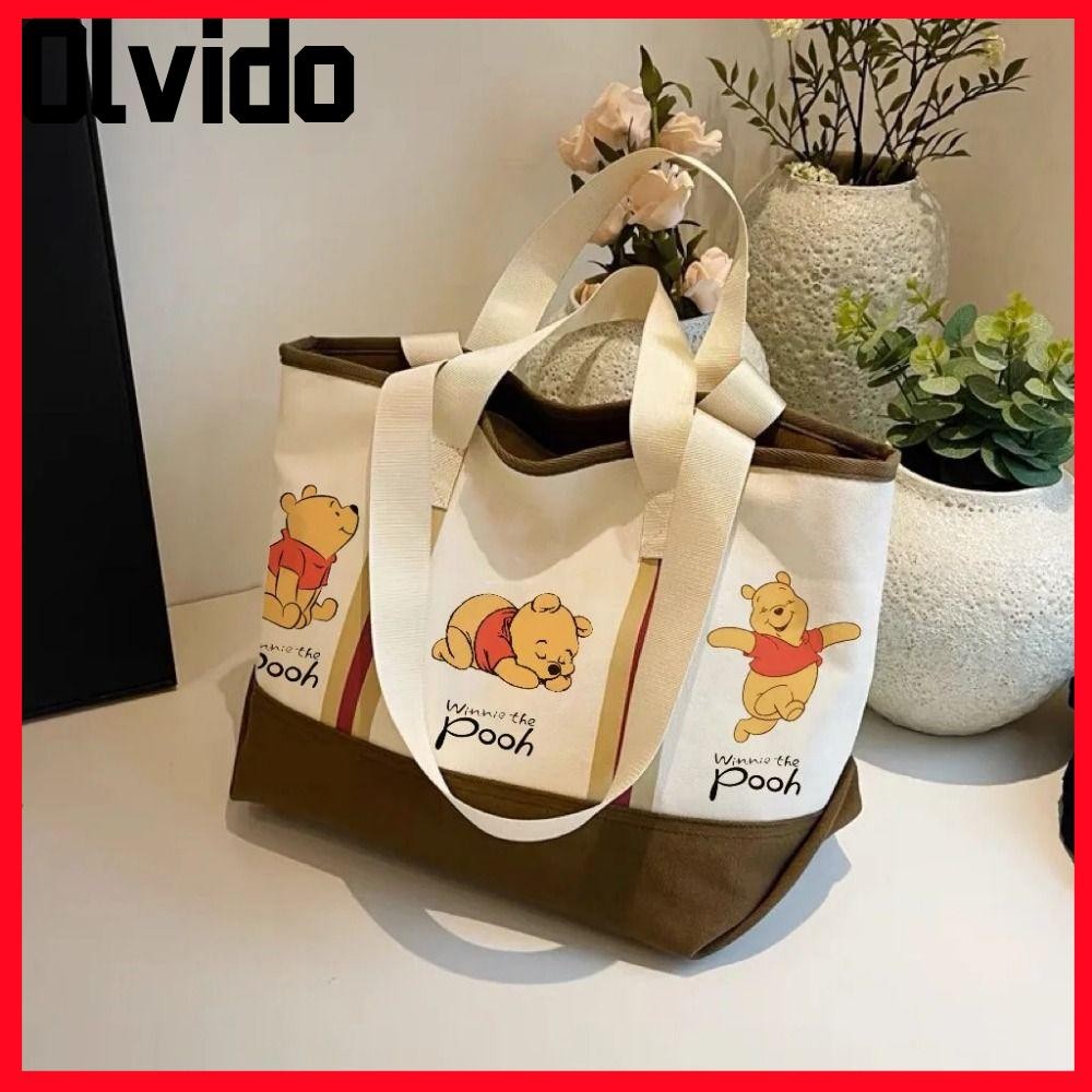 กระเป๋าสะพายไหล่ผู้หญิง OLVIDO กระเป๋าถือผ้าใบ Winnie The Pooh อเนกประสงค์, กระเป๋าสะพายข้างความจุขนาดใหญ่การ์ตูนย้อนยุค