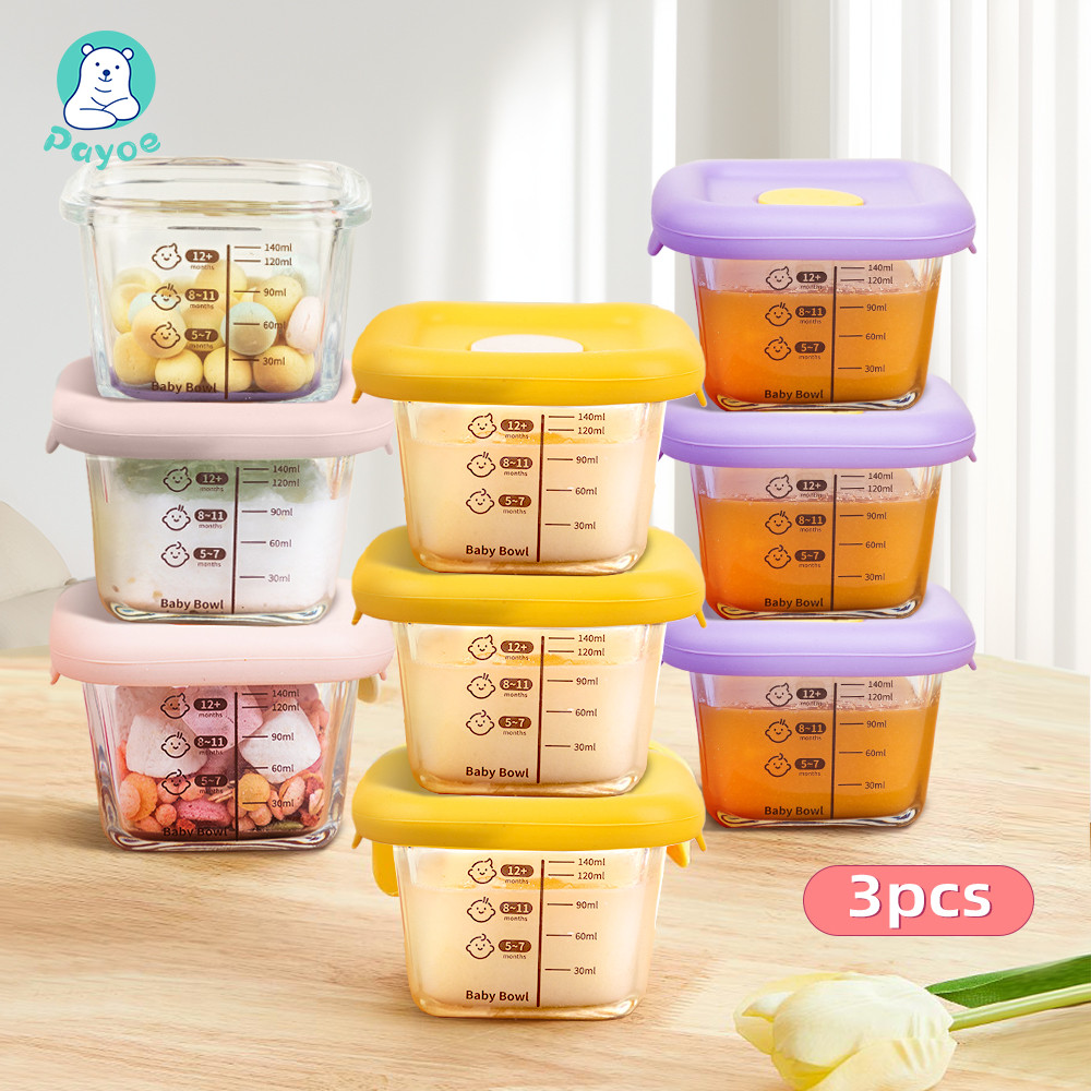 PAYOE ถ้วยเก็บอาหารเด็ก กล่องเก็บอาหารเด็ก(3 ชิ้น/ชุด) แช่ฟรีซ นึ่งได้ เข้าไมโครเวฟ กล่อ ถ้วยแช่แข็ง กล่องใส่ข้าวเด็ก