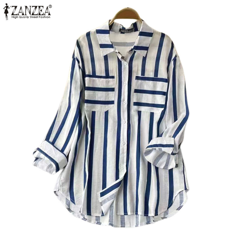 Zanzea ผู้หญิงเกาหลีลายทาง Patchwork เสื้อเชิ้ตแขนยาวหลวม