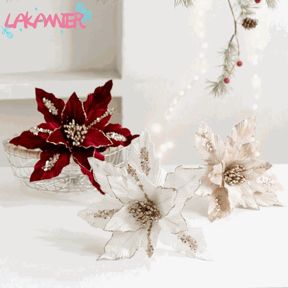 Lakamiergd ดอกไม้ปลอม,ผ้าพลาสติก 26 ซม.คริสต์มาสดอกไม้ประดิษฐ์,คุณภาพสูง DIY เครื่องประดับตกแต่งต้นคริสต์มาส Xmas