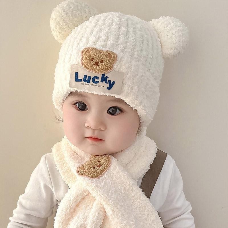 น่ารักหมีเด็กผ้าพันคอหมวกชุดสําหรับเด็กสาวนุ่มฤดูหนาวที่อบอุ่นทารกถักหมวกหมวกเด็ก ฝากระโปรง กันลม