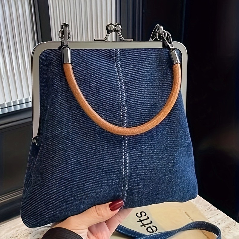 Handcrafted Women's foldable DENIM Crossbody BAG with TWIST LOCK closure Removable STRAP and tassel embellishment SEXY Solid Color Shoulder Bag with Polyester Lining