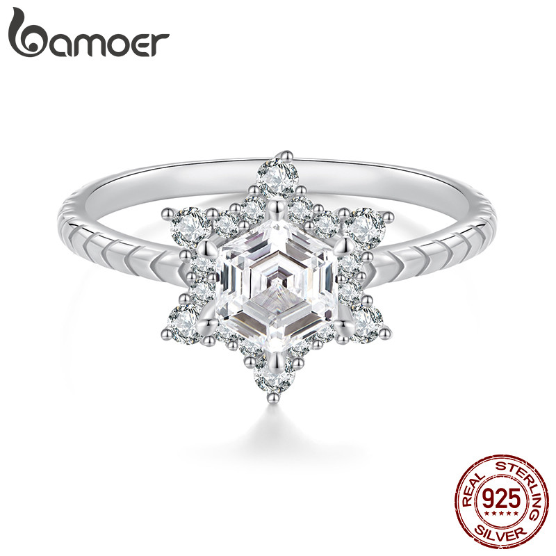 BAMOER บามอส 925 เงินสเตอร์ลิงเศษไม้แหวนประกายดอกไม้น้ําแข็งแฟชั่นเครื่องประดับของขวัญสําหรับผู้หญิง