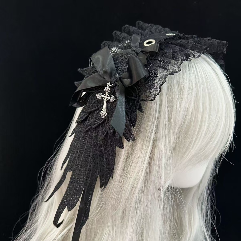 ญี่ปุ่น Handmade Lolita Wing แถบคาดศีรษะ Gothic Dark Angel อุปกรณ์เสริมผม Subculture ฮาโลวีน Photo Props Y2k