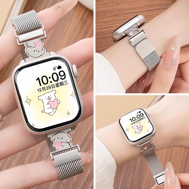 NiSTAR น่ารักการ์ตูนรักสุนัขสายรัดข้อมือโลหะสําหรับ Apple watch Ultra 2 S10 9 8 7 6 SE 5 4 3 2 1,Milainese กีฬา smart watch สําหรับ iWatch 49 มม.46/45/44/42/41 มม.40 มม.38 มม.
