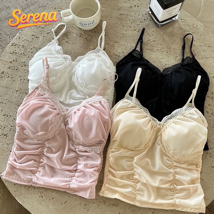 Serena-เสื้อสายเดี่ยว ขอบลูกไม้ มีฟองน้ำ เข้ารูป เสื้อแขนกุด ผ้านิ่ม ใส่สบาย แฟชั่น สไตล์ลำลอง ส่งไวจากไทย