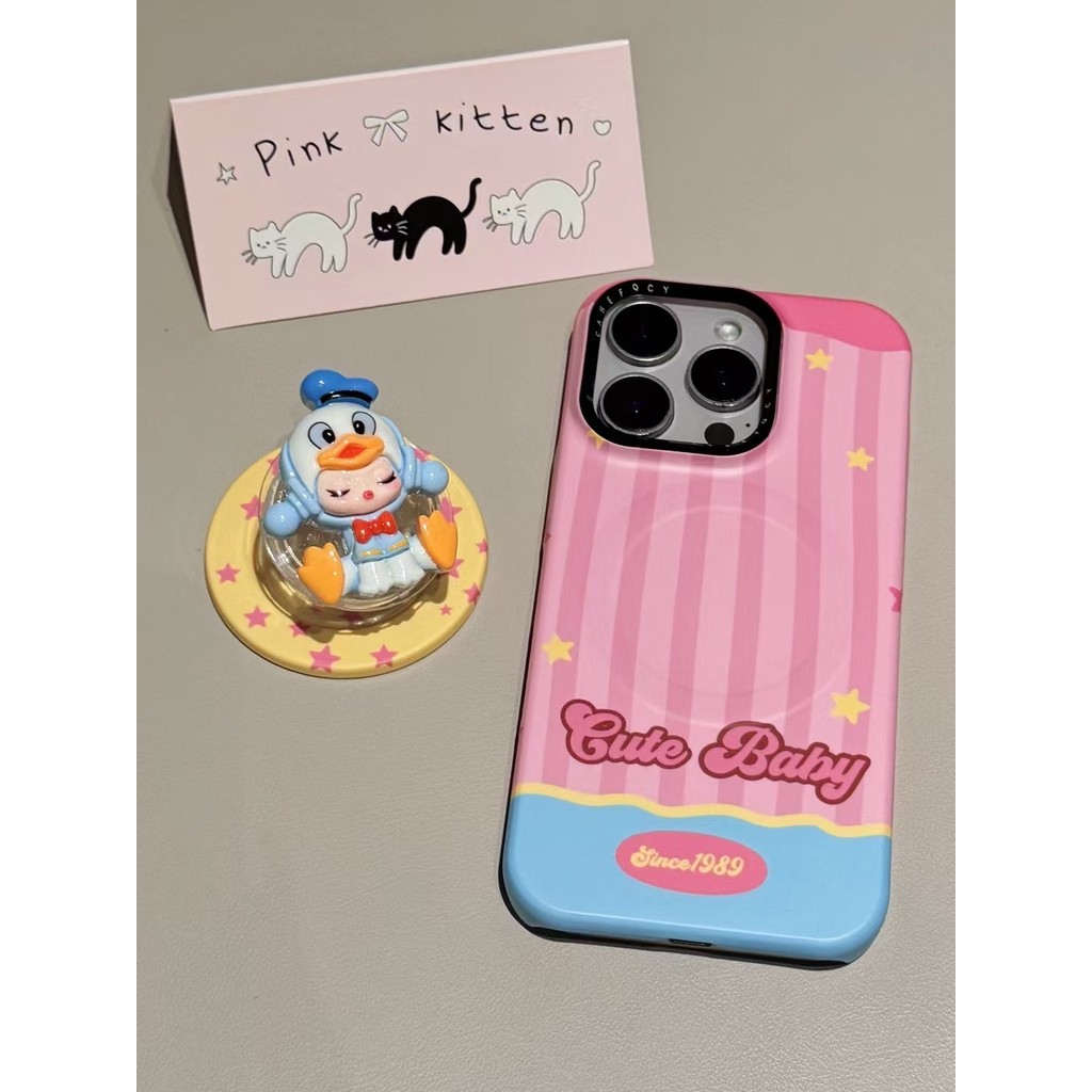 หรูหราใหม่น่ารัก อิน สีชมพูสีฟ้าบล็อกโดนัลด์ดั๊กสาววงเล็บแม่เหล็กเหมาะสําหรับ ไอโฟน 16 โปรแม็กซ์ 15 14 13 12มือโปร กันกระแทกและป้องกันการตกฮาร์ดปกหลัง