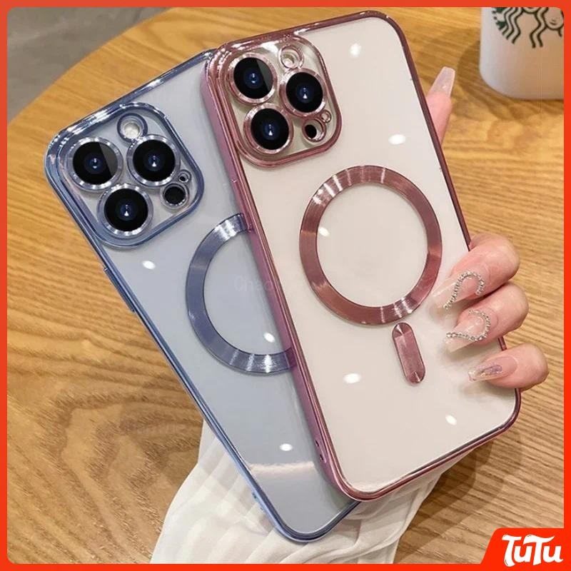 TuTu หรูหราชุบแม่เหล็กโปร่งใส PhoneCaseCompatiblefor iPhone 17 16 15 14 13 12 11 Pro Max XR X XS Max 7 8 Plusไร้สายชาร์จนุ่มกันกระแทกเคสโทรศัพท์ใสกลับCove