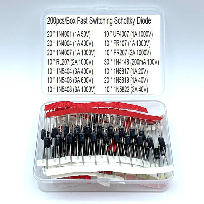 200pcs Fast Switching Schottky Diode Assorted Kit 1N4001 1N4004 1N4007 1N5408 UF4007 FR207 1N5817 1N