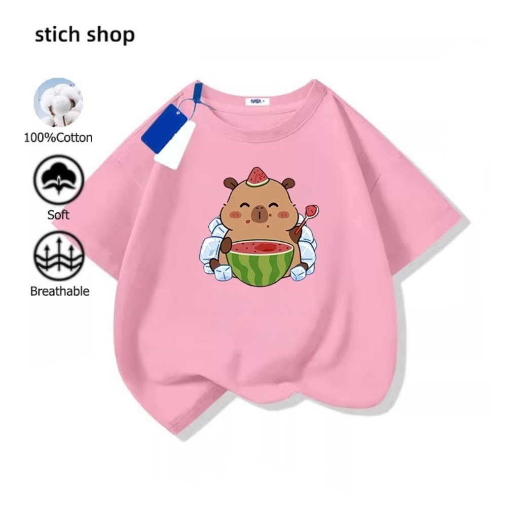 เสื้อยืดเด็ก Capybara 2025ใหม่ เสื้อยืดแขนสั้นสำหรับเด็ก 100% cotton น่ารัก การ์ตูน คาปิบาลา ระบายอากาศได้ มี 6 สี