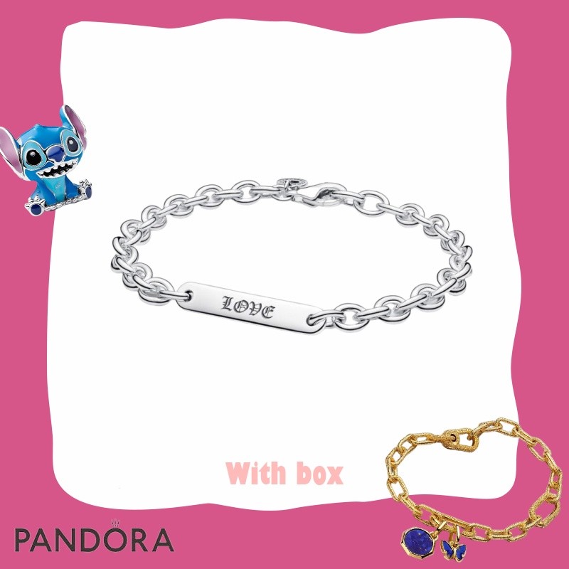 พร้อมกล่องFashion Design Gift Women Jewelry S925 Sterling Silver PANDORA / Engravable Bar Link Brace