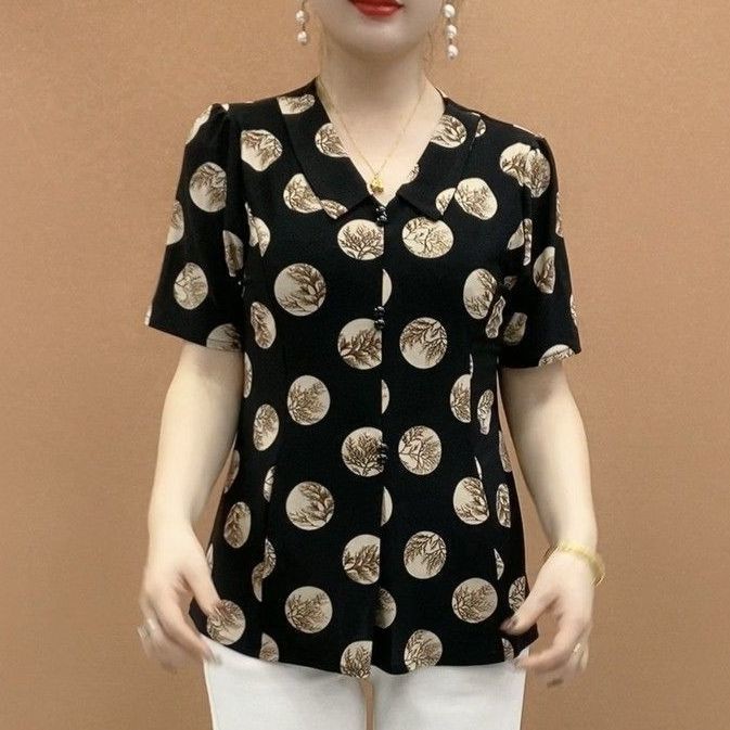 เสื้อเชิ้ตปก 2025 ครอบคลุมเนื้อทั้งหมดตรงกับกลางผู้สูงอายุลายจุดเสื้อยืดแขนสั้นอายุ150710