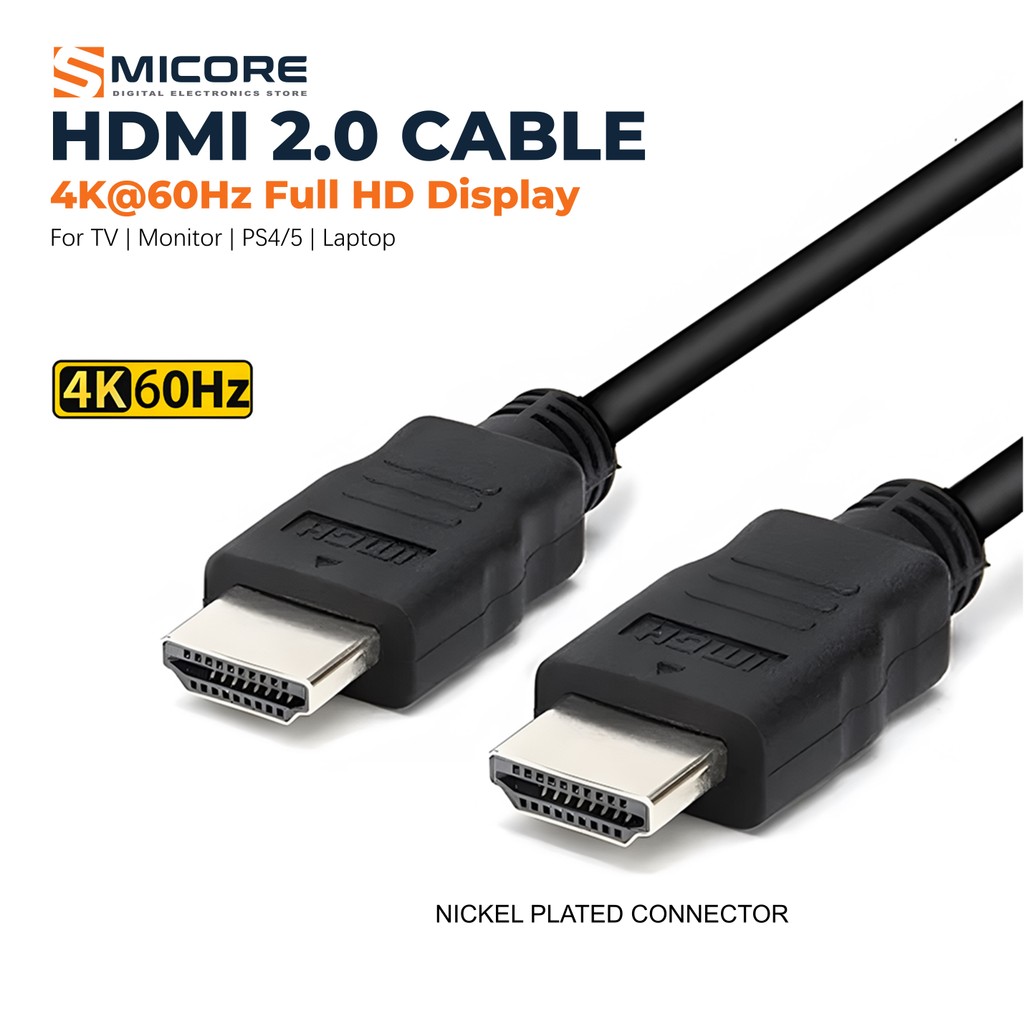 สาย HDMI 2.0 แบบหัวผู้ทั้งสองด้าน รองรับ 4K@60Hz สำหรับทีวีและจอภาพ ความยาว 1-1.5 เมตร สายยางแข็งแรง ทนทาน