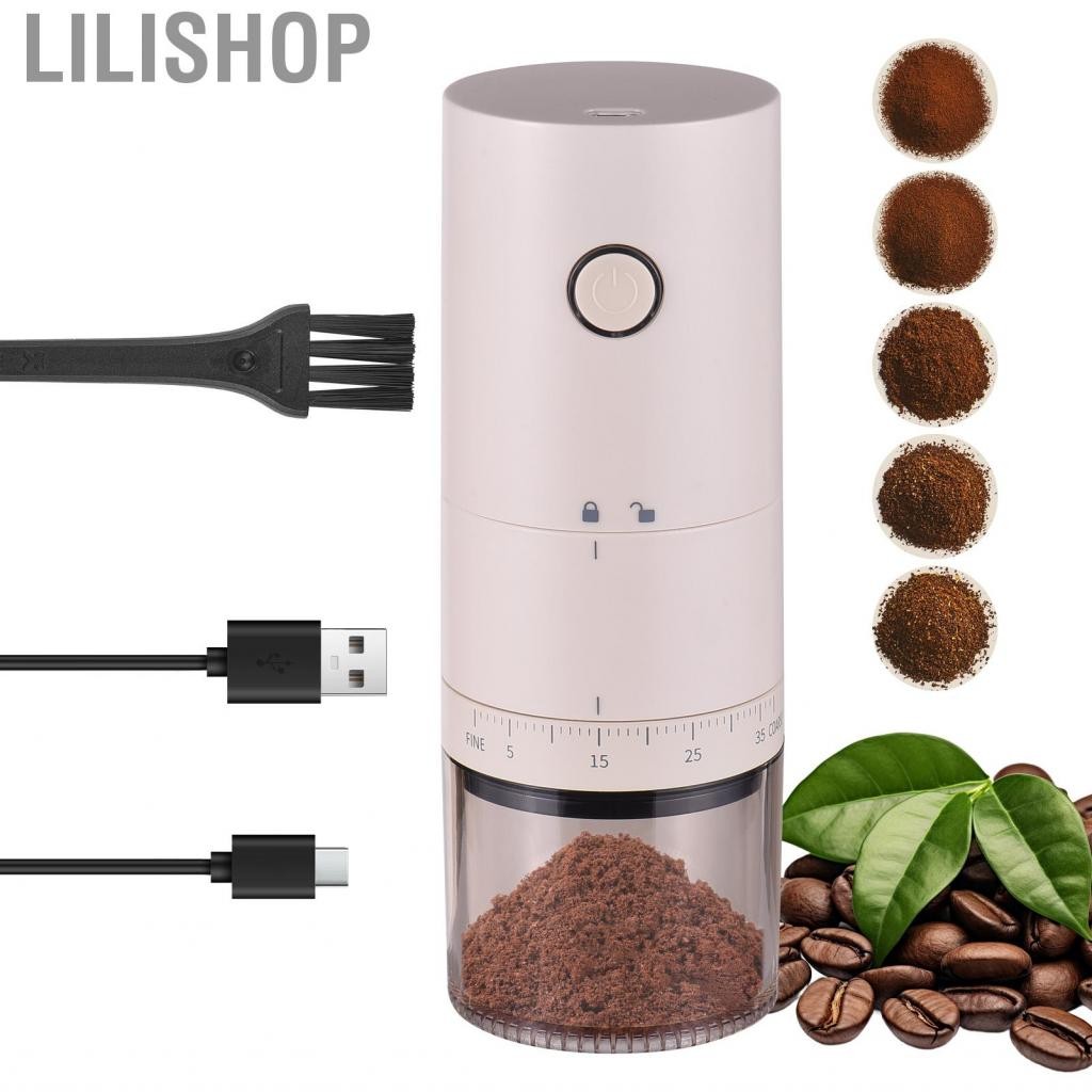 Lilishop เครื่องบดกาแฟแบบพกพาด้วย 38 การตั้งค่าการตั้งค่าตัวบ่งชี้แสง 5 ใบมีดเซรามิก Burr หนึ่งปุ่มเริ่มต้นและหยุดอัตโนมัติมือถือเครื่องชราเอสเพรสโซ