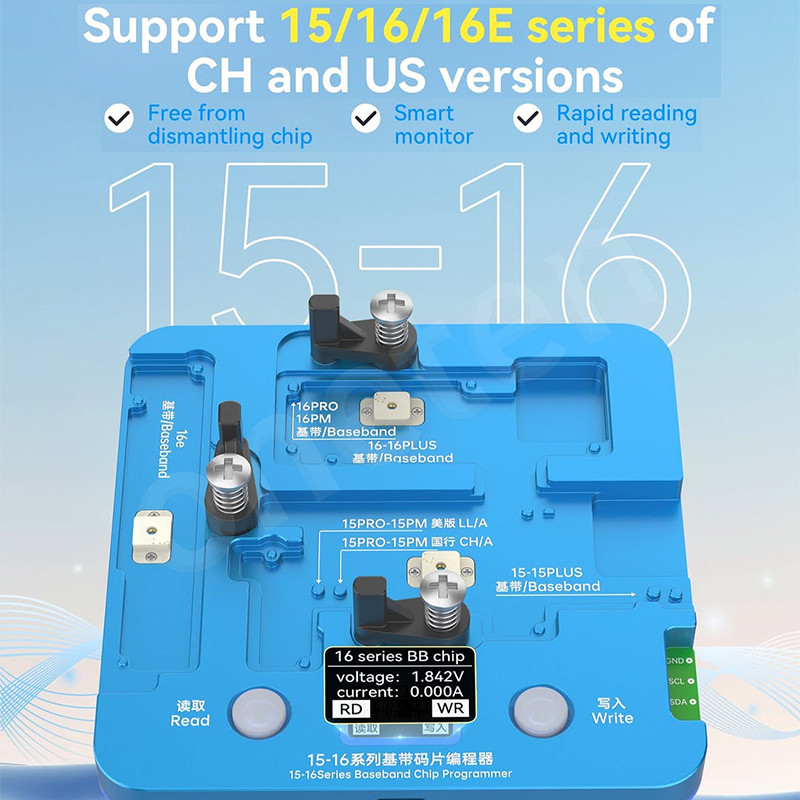 JCID ชิป Baseband แบบบูรณาการ EEPROM โปรแกรมเมอร์ซ่อมสําหรับ iPhone 15/16E Series ของ CH US รุ่น CPU