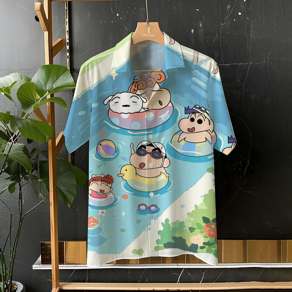เสื้อเชิ้ตแขนสั้นลายการ์ตูน Cute Crayon Shin-chan และ Shiro สำหรับวันสบายและทุกวัน ไซส์ S-5XL