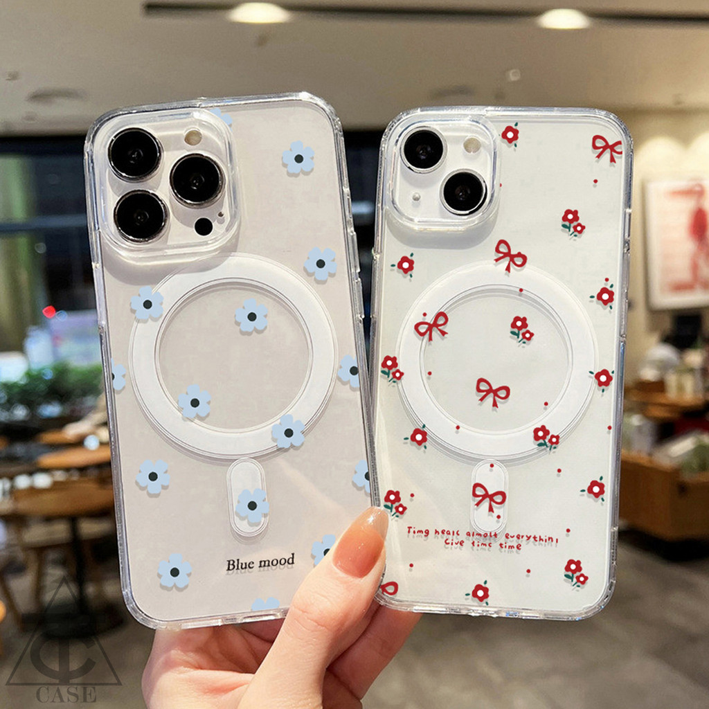 เคสไอโฟน ซิลิโคนสีขาว กันกระแทก ลายดอกไม้สีชมพู "FLOWER" แม่เหล็ก มุมหนา สำหรับ iPhone 17 16 15 14 13 12 11 Pro Max Plus