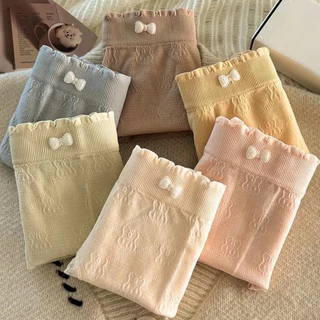 🌿SHOP_MKL🌿กางเกงในผ้าทอ เอวต่ำไร้รอยต่อ ผ้านุ่มยืดหยุ่นใส่สบาย มีโบว์น่ารักๆ แต่งขอบ สีพาลเทล #213