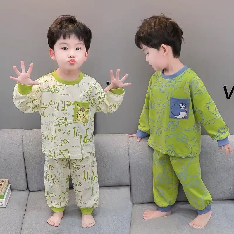 ชุดนอนแขนยาวสำหรับหนุ่ม ผ้าฝ้ายแท้ คอกลม พิมพ์ลายการ์ตูน สไตล์เกาหลี เหมาะสำหรับฤดูใบไม้ผลิและฤดูใบไม้ร่วง