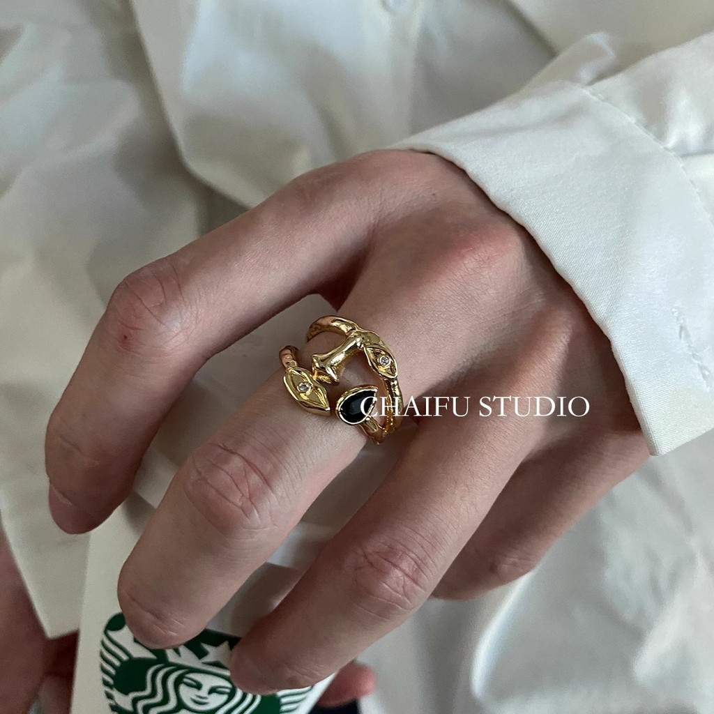 Chaifu Studio/J158 Retro Bamboo Zircon เปิดแหวน ins หรูหรา High-End Niche