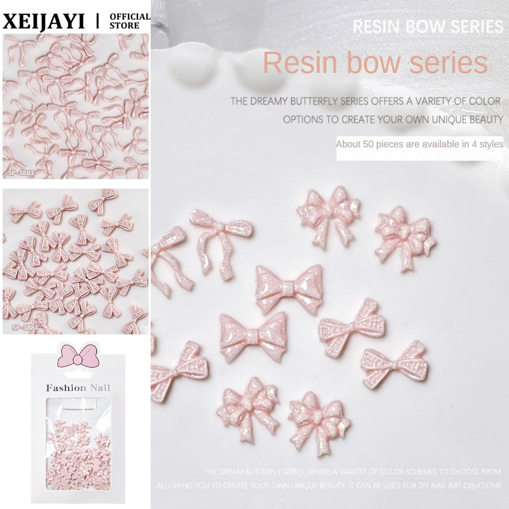 50PCS เล็บสีชมพู Bow Tie เครื่องประดับบัลเล่ต์ริบบิ้นโบว์ Simple Bow Tie เรซิ่น Charm ตกแต่งเล็บเล็บเครื่องมือสําหรับเล็บ Shop