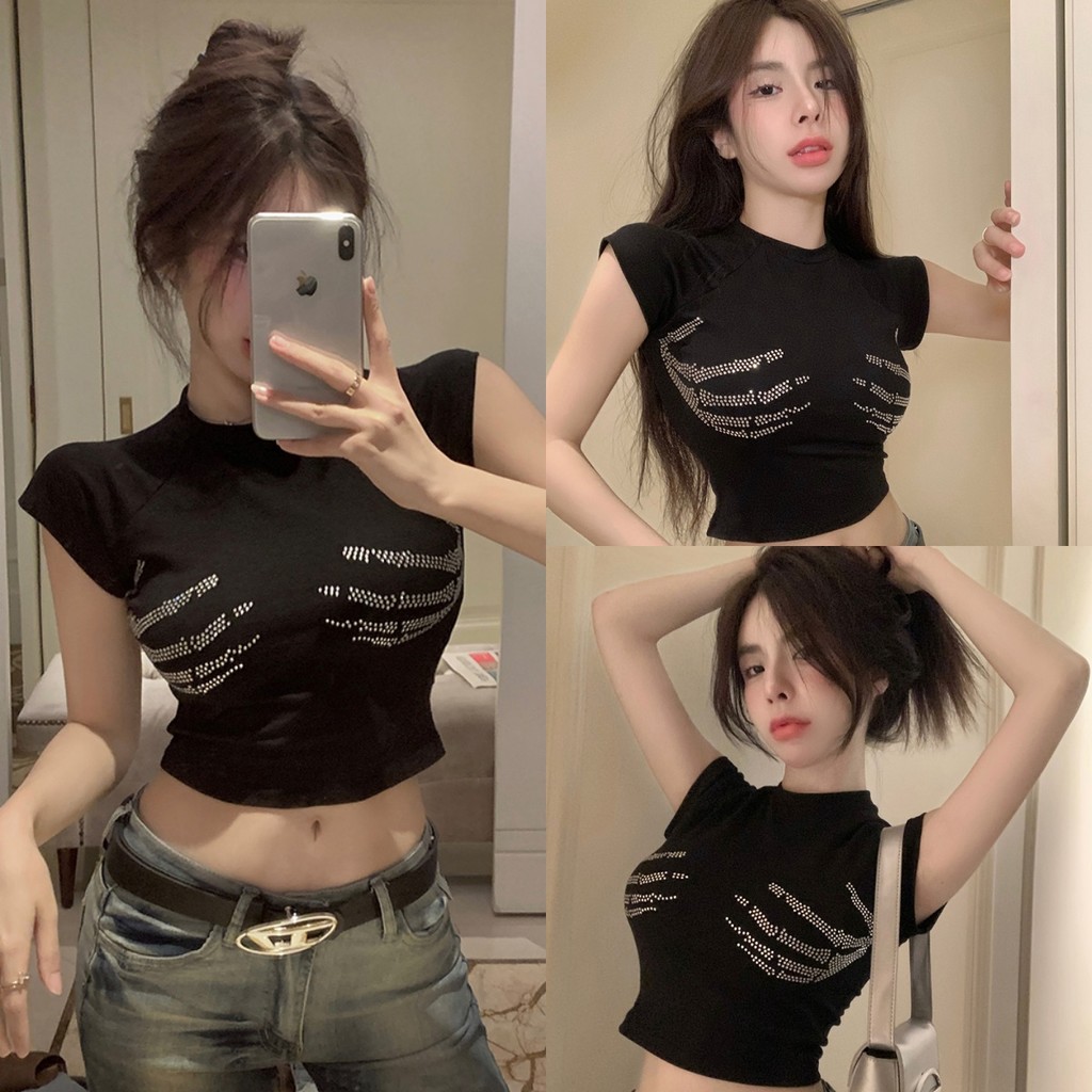 🌸EElla🌸เสื้อยืด ผู้หญิง เข้ารูป ดีเทลลายเพชร ผ้านิ่ม คอกลม 🌷เสื้อยืดแขนสั้น สไตล์เกาหลี แฟชั่น#FY3519