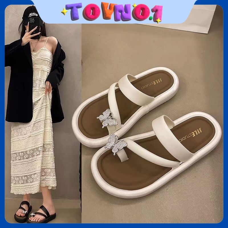 ToyNo.1🧸 พร้อมส่ง🧸 "LT-6616-2" รองเท้าแตะแฟชั่น  สไตล์ใหม่ ดีไซน์ผีเสื้อเพชร ส้นแบน ใส่สบาย ไม่เจ็บเท้า