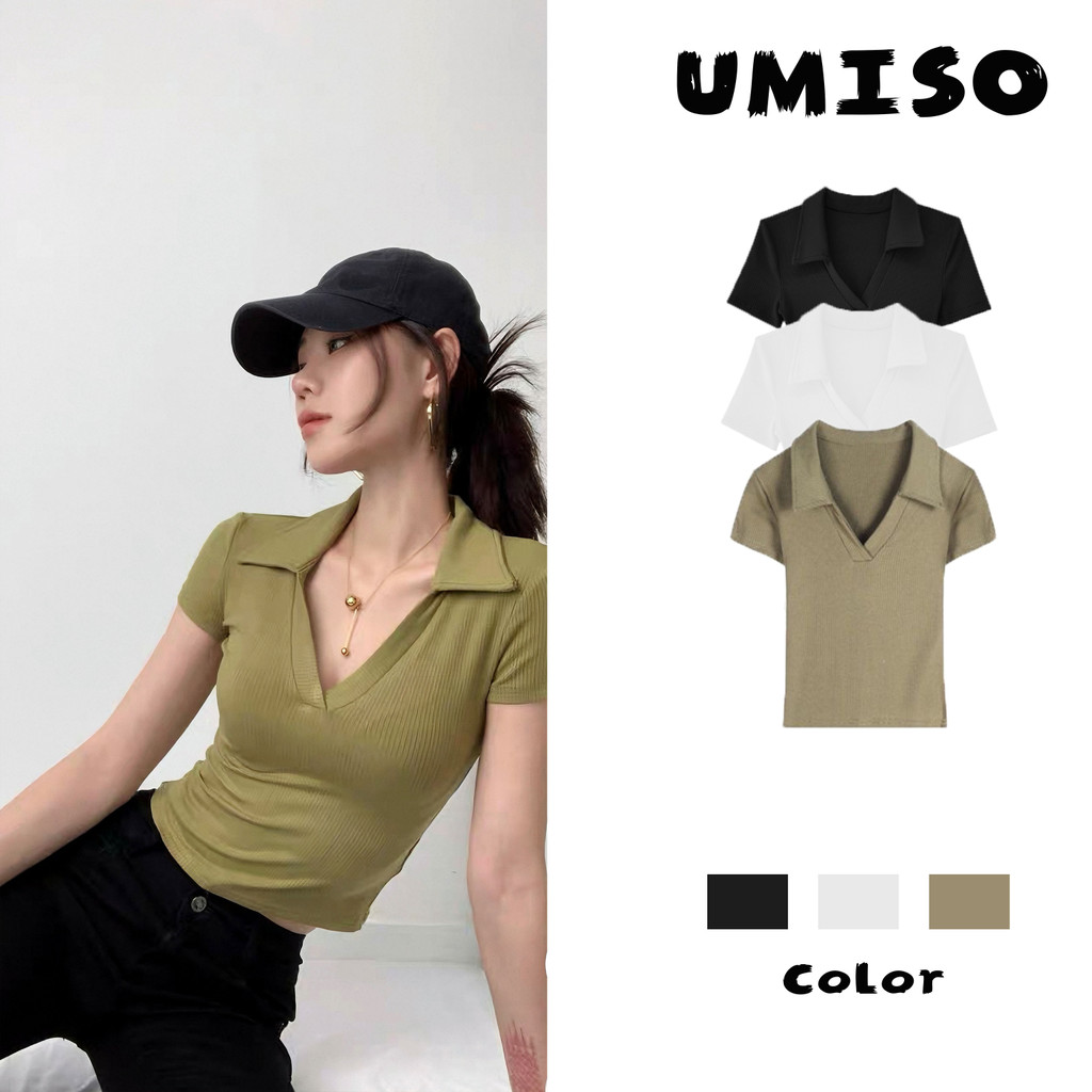 พร้อมส่ง เสื้อโปโลฤดูร้อนสำหรับผู้หญิง แขนสั้น   ใส่เที่ยว เสื้อผ้าแฟชั่นเกาหลี ใส่ทํางาน Umiso