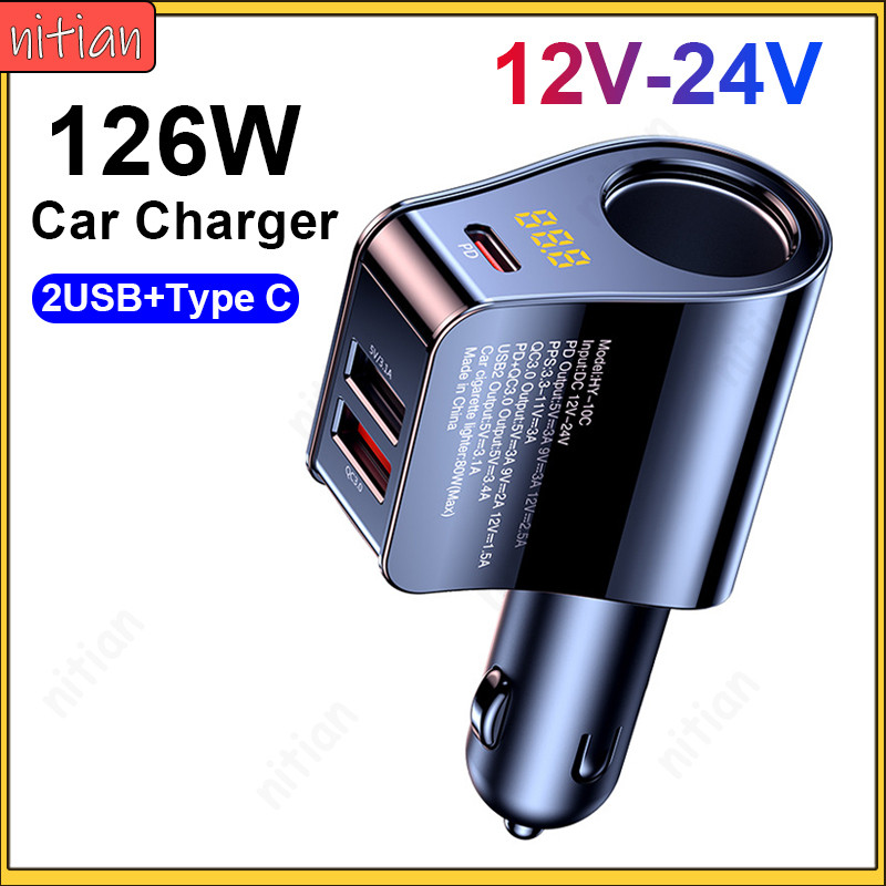 126W Super Fast Charging Car Charger 2USB + Type C อะแดปเตอร์ชาร์จโทรศัพท์พร้อมจอแสดงผลแรงดันไฟฟ้า 1 ถึง 2 QC3.0 + 3.1A ที่ชาร์จแบตในรถ