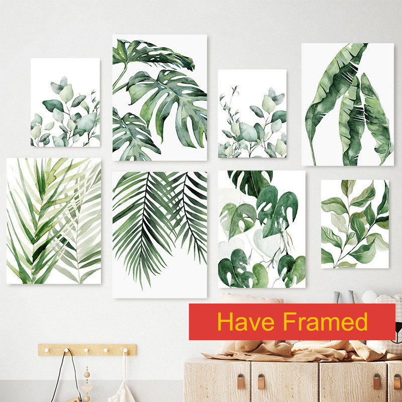 (มีกรอบ)โปสเตอร์พืชสีเขียวเขตร้อนภาพวาดสีน้ํามันห้องนั่งเล่นตกแต่งนอร์ดิกศิลปะภาพจิตรกรรมฝาผนัง