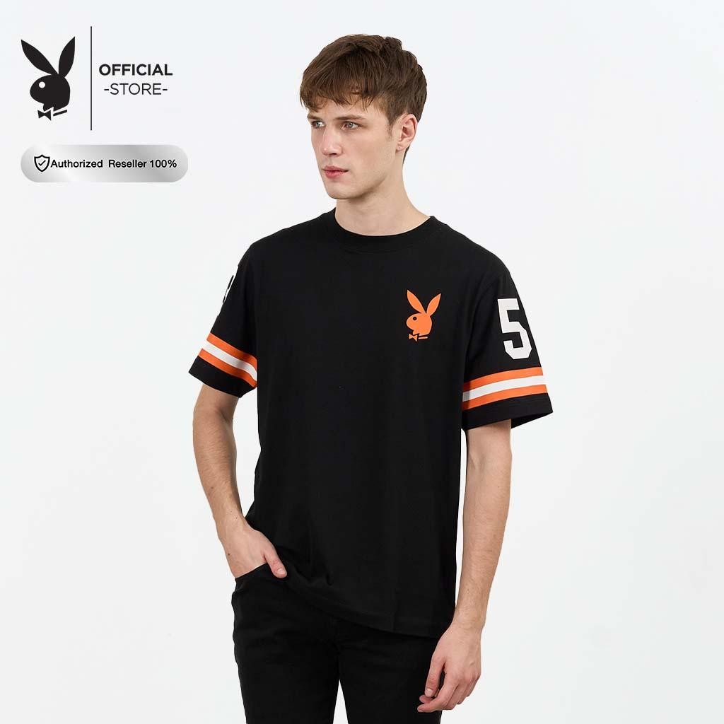 PLAYBOY เสื้อยืดคอกลมแขนสั้น พิมพ์โลโก้ด้านหน้าPLAYBOYด้านหลัง P1MT255TB036BK