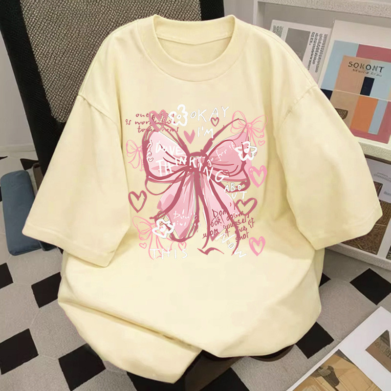 Top.street เสื้อยืด oversize เสื้อสาวอวบ แขนสั้น cotton100% t shirt 'BOW LOVE' เสื้อระบาย ใส่สบาย ฤดูร้อน 2025