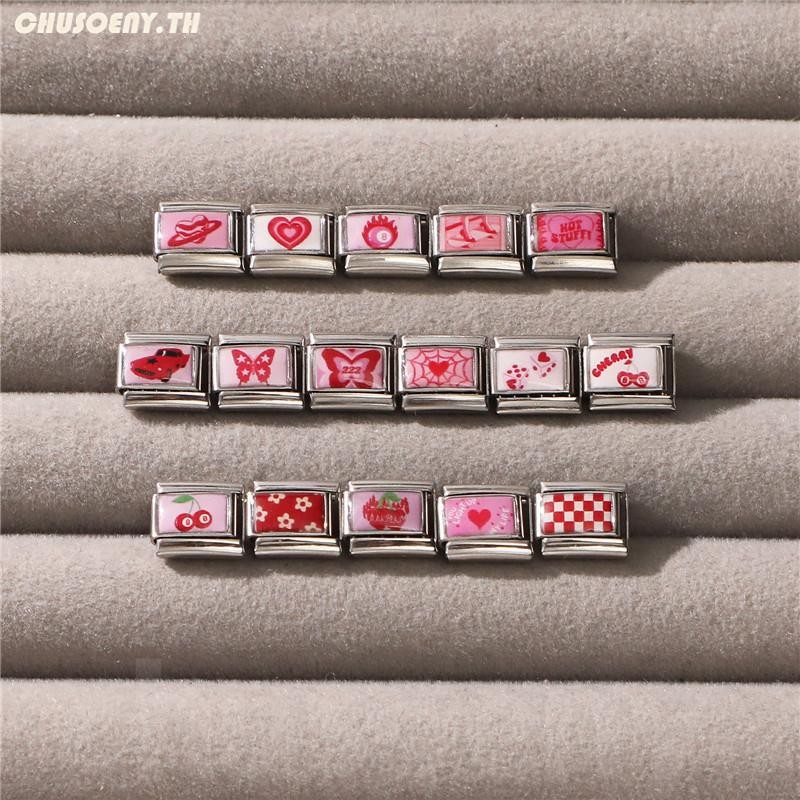 สร้อยข้อมือสแตนเลสสไตล์อิตาลีสีชมพูกับเชอร์รี่ ขนาด9มิลลิเมตร เครื่องประดับเสริมบุคลิกภาพ