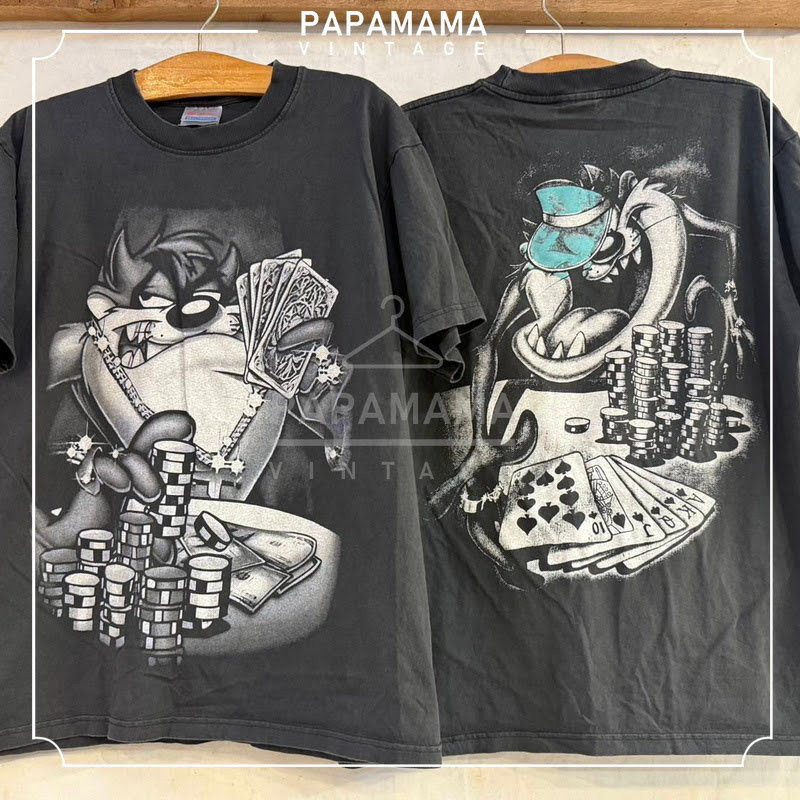 [ TAZMANIAN ] ROYAL STRAIGHT FLUSH Bio Washed เสื้อวินเทจ เสื้อการ์ตูน papamama vintage shirt
