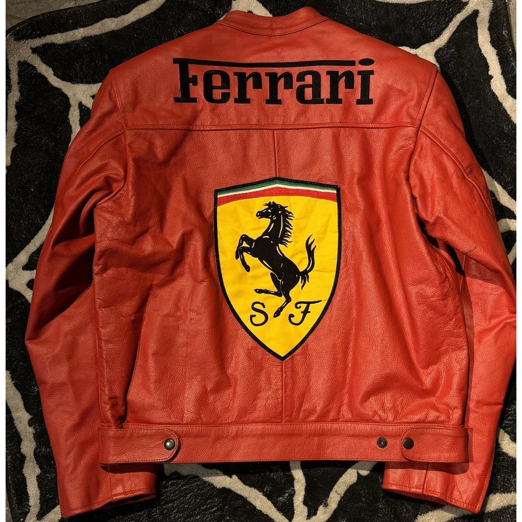 F1 racing suit, F team custom embroidered leather jacket, retro motorcycle street red jacket, Lecler