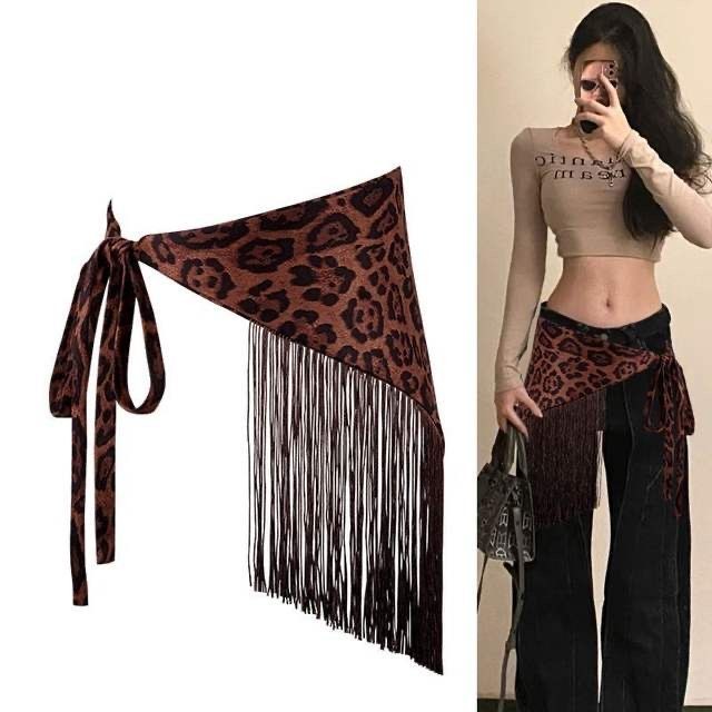 豹纹屁帘爵士舞腰搭腰间配饰腰链舞蹈亮片流苏腰带夏辣妹风豹纹Leopard print fart curtain jazz dance waist, waist accessories waist ch