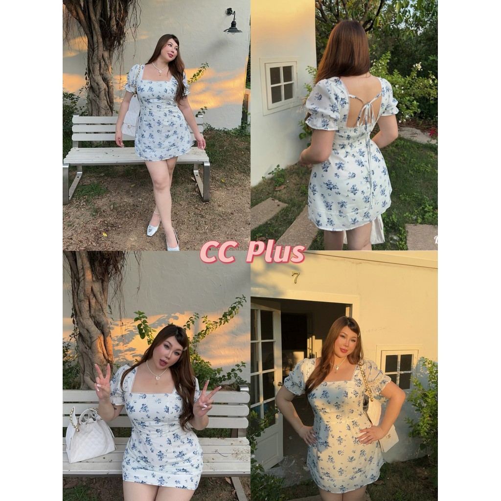 CiCi Plus+(3378) เดรสสั้นสีขาว ลายดอกไม้ สม็อคหลัง มีซิปข้าง มีซับใน เชือกผูกด้านหลัง สไตล์สาวพลัสไซส์