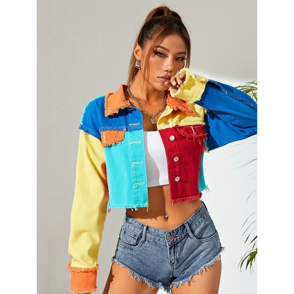 CD เสื้อผ้าผู้หญิงแฟชั่น☘☘American Colourful Street Stitching ins Raw Edge Spring Autumn All-Match L