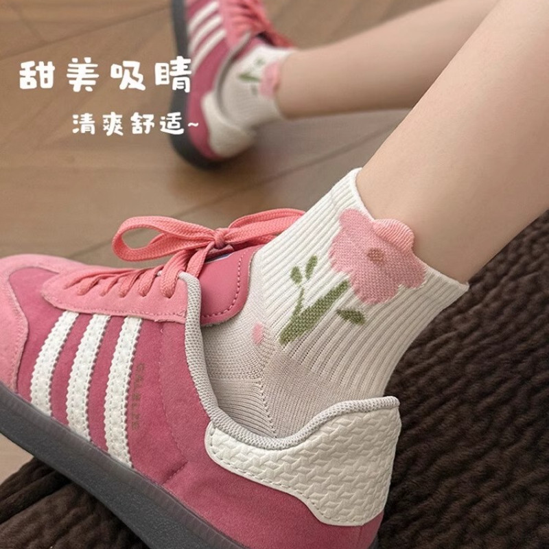ถุงเท้าผู้หญิงบางสีเบจลายทิวลิปโบว์น่ารักสไตล์ญี่ปุ่นสําหร รูปที่ 7