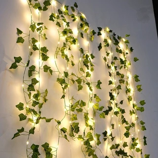 เถาวัลย์ ใบไม้ปลอม LED โซล่าเซลล์ 2m เถาวัลย์ใบไม้ ต้นไม้ปลอมตกแต่งบ้าน พลูด่างปลอม ดอกไม้ตกแต่งบ้าน