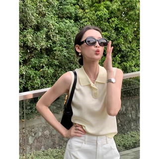 เสื้อคลุมกล้ามครอปแขนกุดแบบคอโปโลลายทาง สไตล์เก๋สำหรับทุกวัน