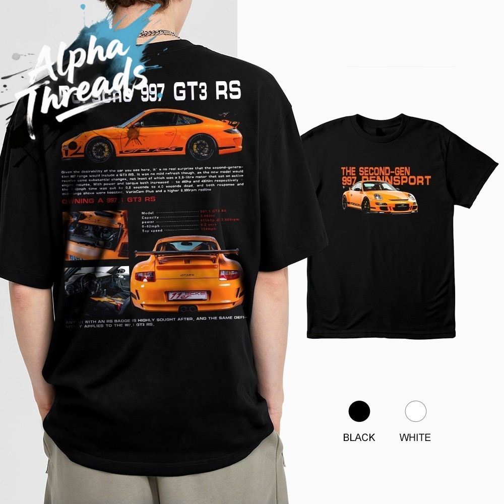 (จัดส่งตลอด 24 ชั่วโมง) Luxury Sports Car Series:Porsche 997 GT3 RS Gray Blueprint T-Shirt - Cars an