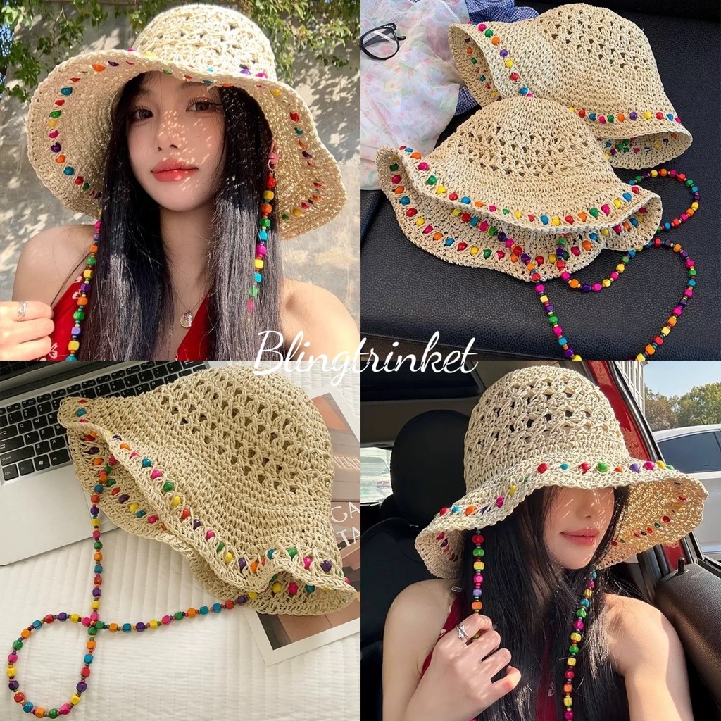 BlingTrinket 💓💓 หมวกแฟชั่นผู้หญิง หมวกฟางสำหรับป้องกันแสงแดด ลูกปัดหลากสีสันการตกแต่ง หวานและน่ารัก สามารถพับได้