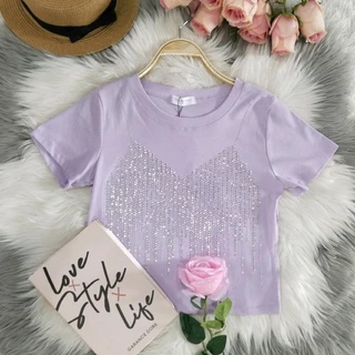 เสื้อยืดแขนสั้นผู้หญิง เพชรบาร์หน้า รีดเพชรแน่นๆ ผู้หญิง