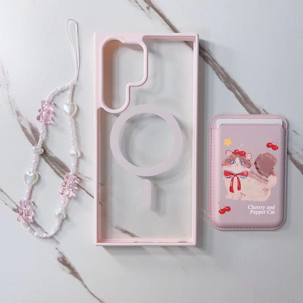 3 ชิ้น Cherry Cat กระเป๋าสตางค์น่ารักการ์ตูนสําหรับ Samsung s22 s22plus ultra กรณี Girly S23 S23Plus s23fe s24 s24plus s24ultra กระเป๋าสตางค์ปกหลัง