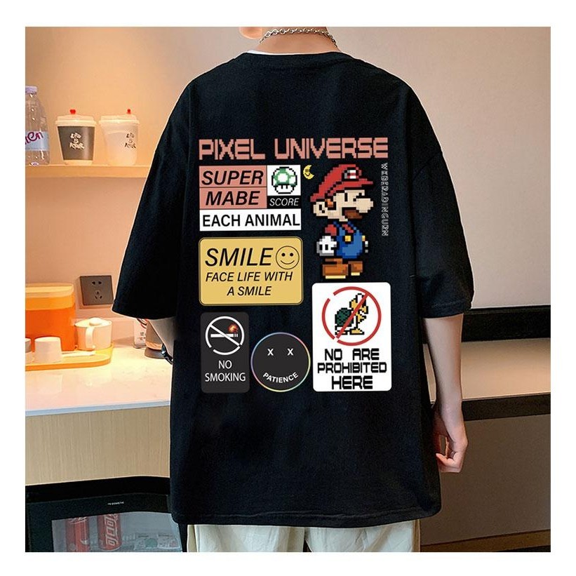 TeeTwoOneเสื้อยืดโอเวอร์ไซส์ ผู้ชายและผู้หญิง"PIXEL UNIVERSE" สไตล์เกาหลี สไตล์เกาหลี รู้สึกดีมีคุณภาพสูง เสื้อ
