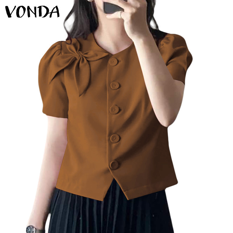 Vonda เสื้อเบลาส์แขนสั้นคอกลมลําลองเกาหลีสําหรับผู้หญิง