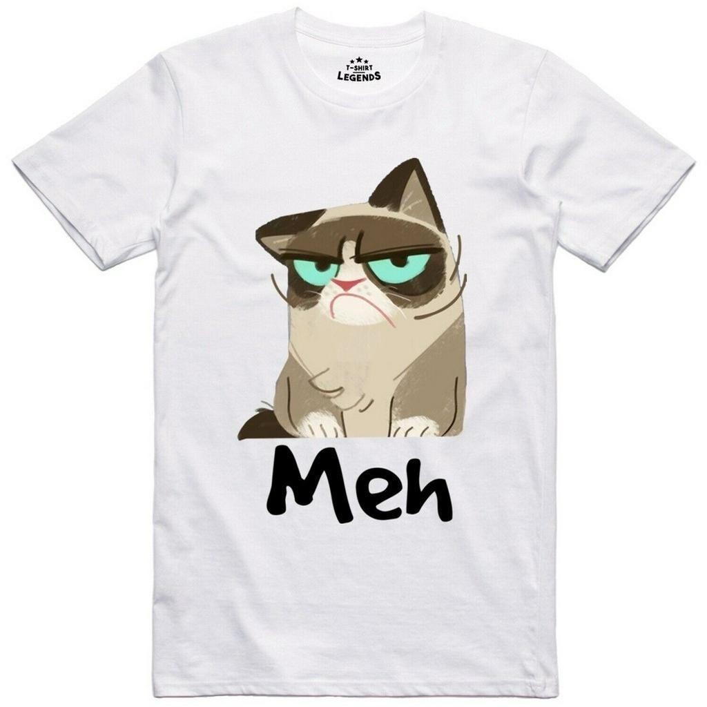 ใหม่ เสื้อยืดตลก Grumpy Cat Meh Premium Ring Spun Tee